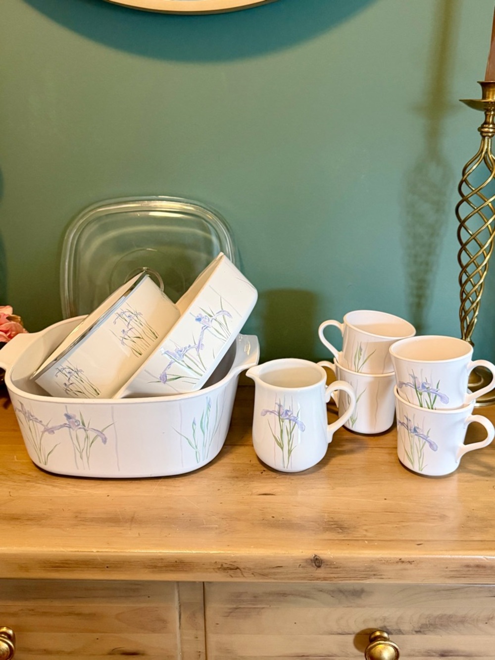 Vintage CorningWare Shadow Iris 5L Set w Lid Mugs Pitcher 9 pieces